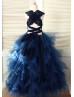 Navy Blue Lace Ruffle Tulle Ankle Length Flower Girl Dress